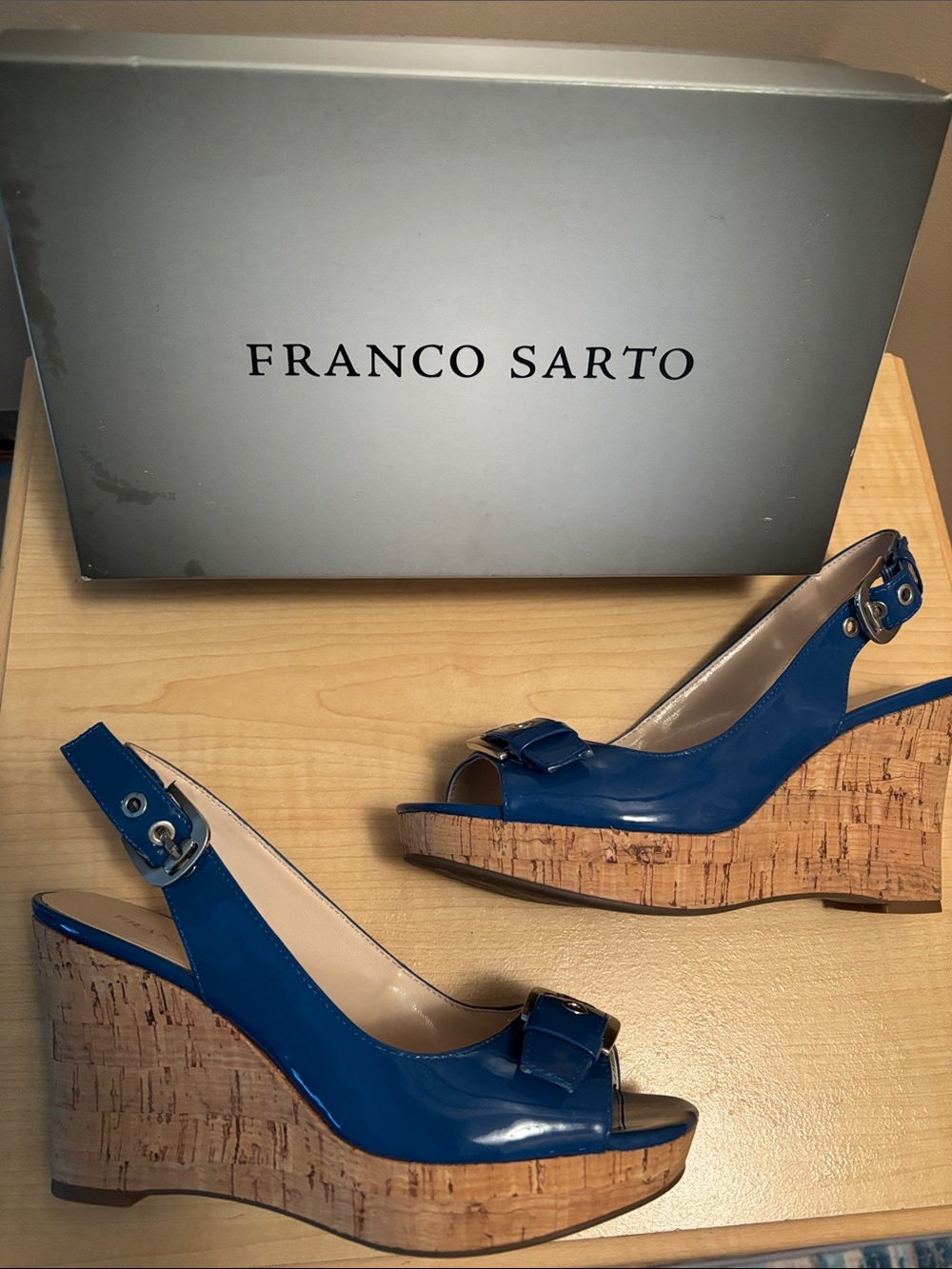 Franco Sarto Carnival Denim Blue Patent Cork Wedge Sandals